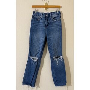 Good American Good Curve Straight Raw Hem Distressed Blue Jeans High Rise Size 6